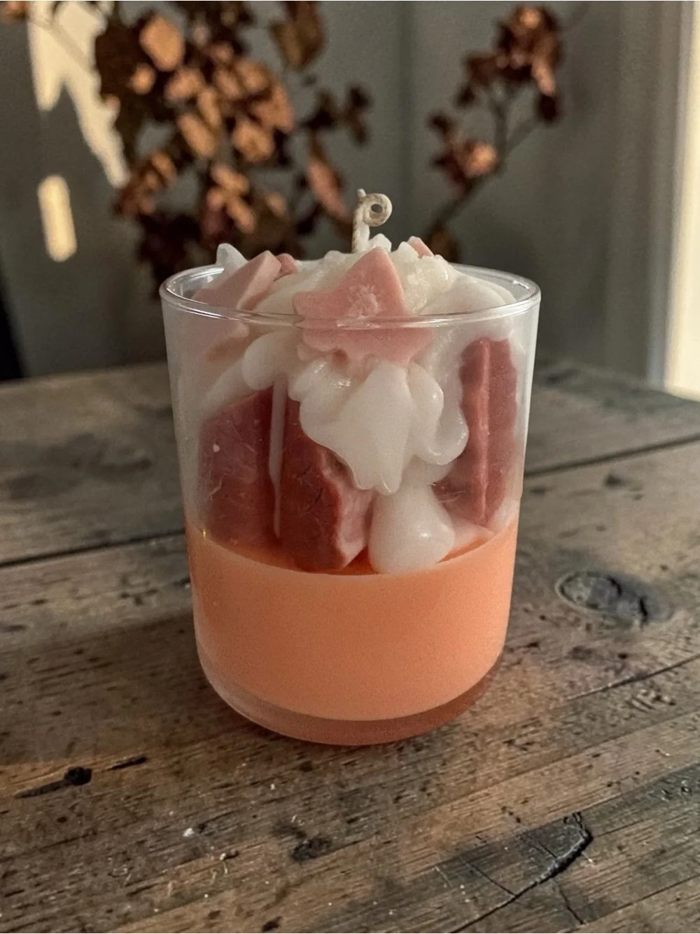 Autumn ambrette  with fall leaves accent apricot soy wax 16 oz  candle